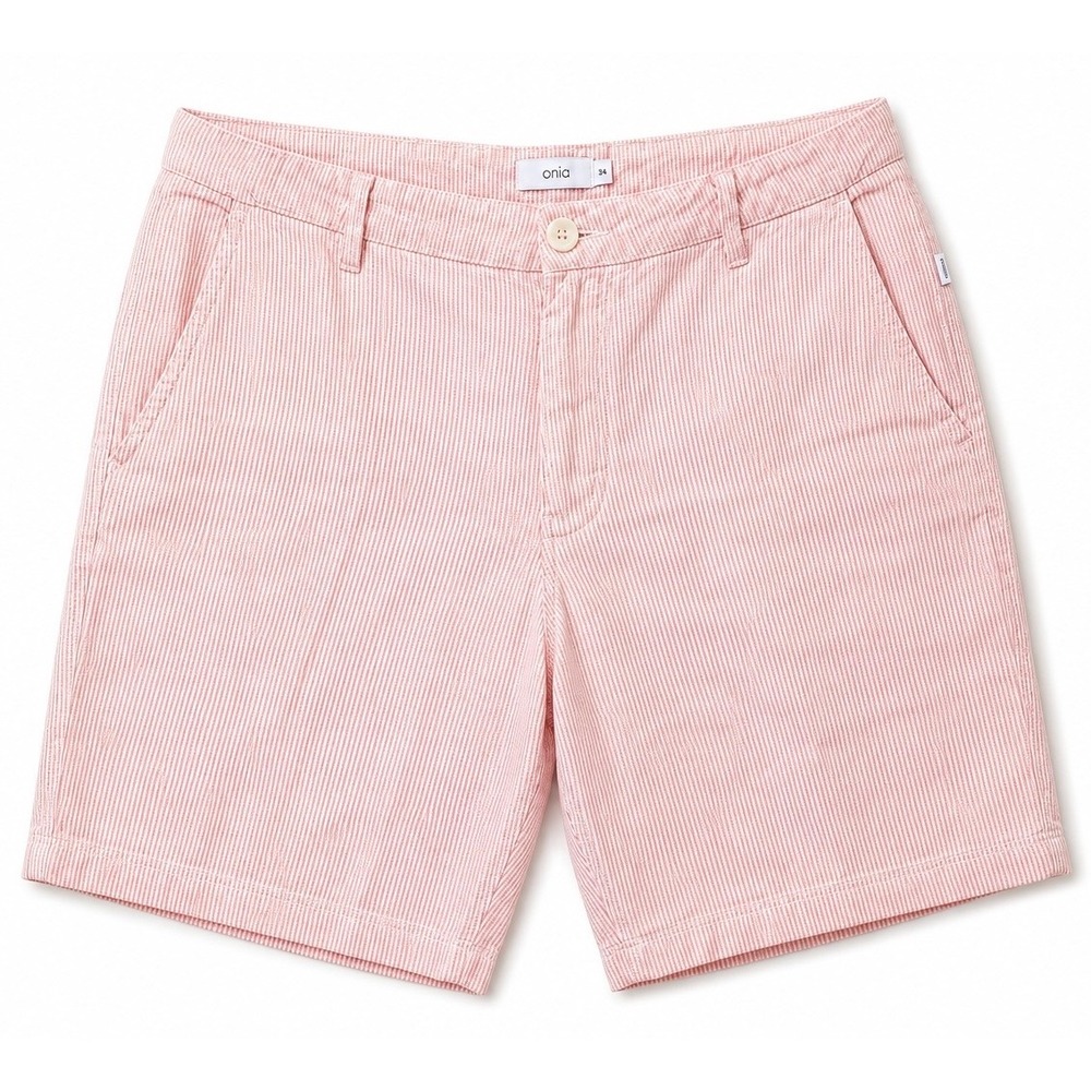 Onia Mens 100% Linen Pinstripe Shorts Coral Pink White Size 34 Striped Summer